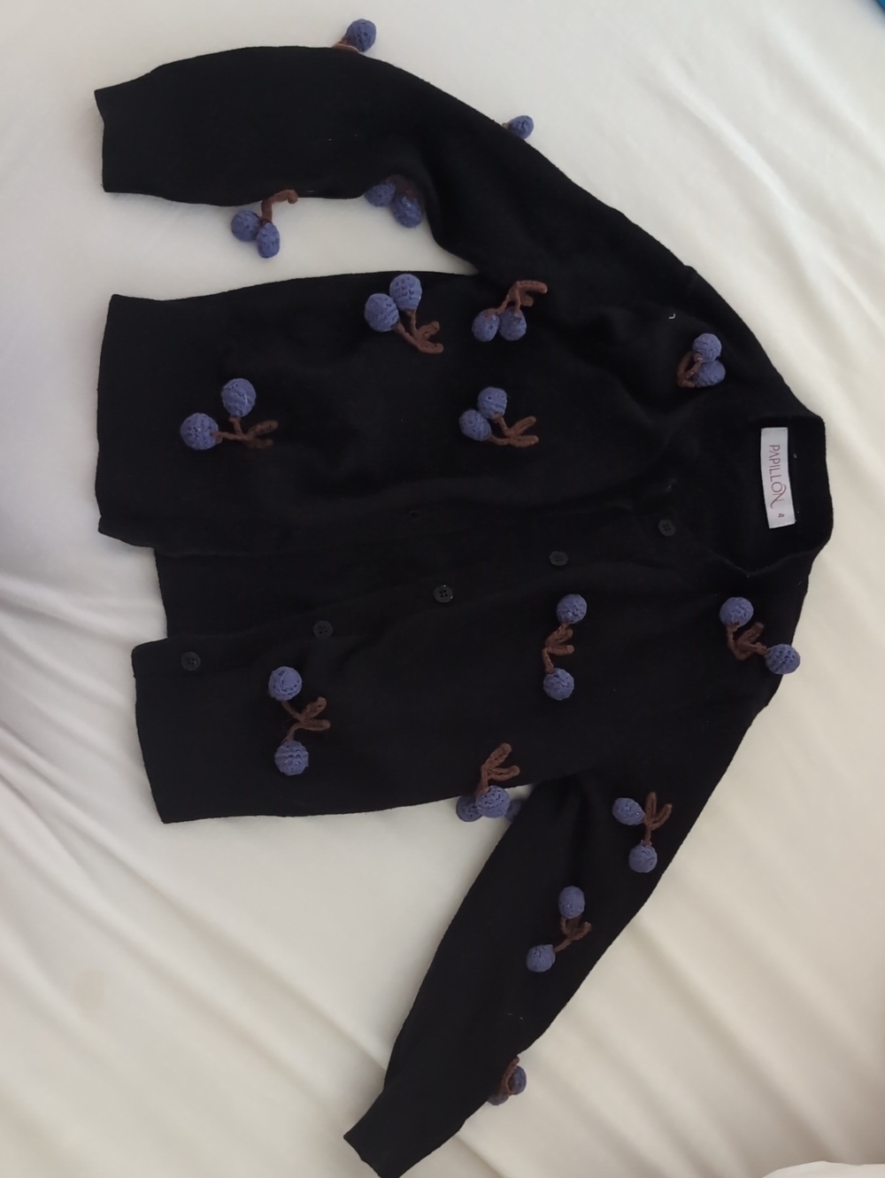 Toddler Girl Papillon Black Cardigan with Crochet Berry Appliqués